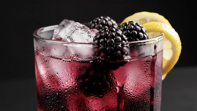 A vibrant and utterly refreshing cold beverage, possibly a cocktail or juice, is artfully presented in a condensation-covered glass filled with sparkling ice cubes and fresh, plump dark berries, elega
