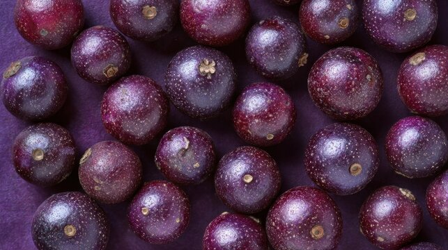 Purple acai berries are shown from above on a surface.
