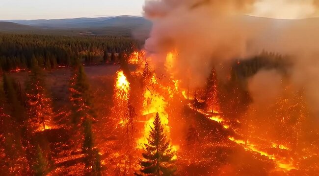 A destructive wildfire burns fiercely through a dense forest landscape setting trees ablaze