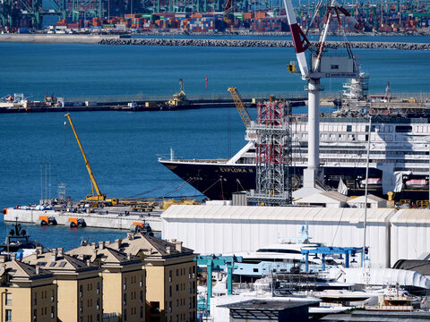Genoa, Italy - February 2026: passenger ships under construction at the Fincantieri shipyard in Sestri Ponente. 