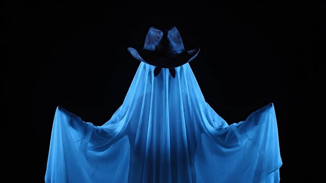 A spectral figure draped in blue fabric, cowboy hat atop, against a black backdrop