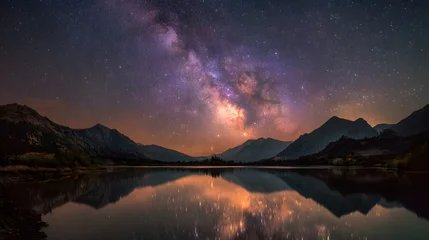 Fototapete Reflection Breathtaking astrophotography reveals a brilliant milky way galaxy and millions of stars perfectly reflected in a calm dark mountain lake.  © horizon