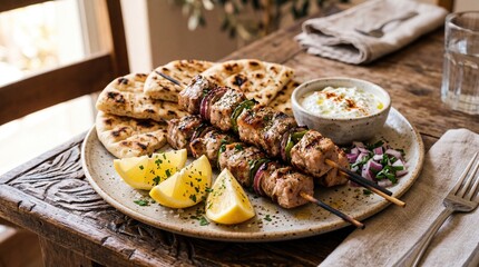 Greek souvlaki kalamaki skewers featuring flatbread upon the rustic wooden table, served with tzatziki, chopped red onion, parsley and lemon wedges within soft window daylight