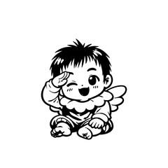 Obraz premium Cute Baby Angel Winking and Saluting – Adorable Chibi Character Illustration