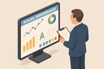 Educator analyzing online data dashboard displaying school performance metrics, charts, and student grades for strategic planning