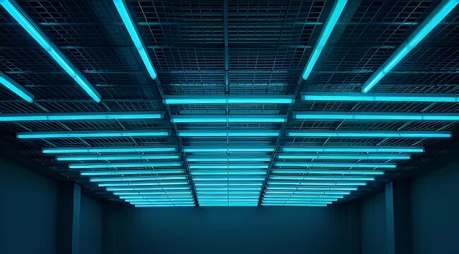 Fluorescent blue lights illuminate the dark industrial hallway with a grid ceiling