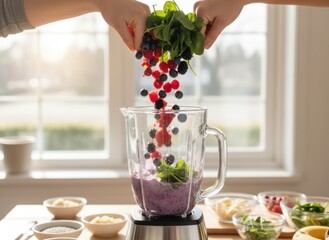 Two Hands Pouring Fresh Red Currants Blueberries and Spinach into Blender Preparing Healthy Smoothie in a Bright Kitchen with Natural Sunlight Streaming Through Window