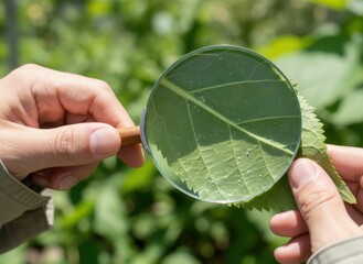 Close up of hands holding a green leaf magnified by a magnifying glass outdoors during daytime with blurred green foliage background