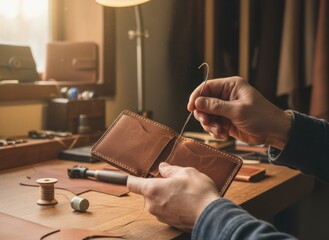 Artisan Hands Crafting a Brown Leather Wallet with Delicate Stitching in a Warmly Lit Workshop