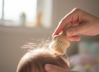 Gentle morning sunlight illuminates a parent's hand brushing a baby's fine hair with a soft wooden brush creating a delicate sparkle of dust motes