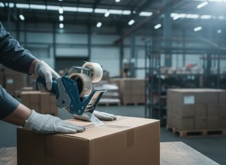 Worker In Gloves Sealing Cardboard Box With Tape Dispenser In Warehouse With Pallets And Shelving In Background