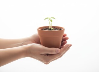 Gentle Hands Cupping Small Terracotta Pot with Green Seedling Against a Clean White Background Representing Growth and Nurturing