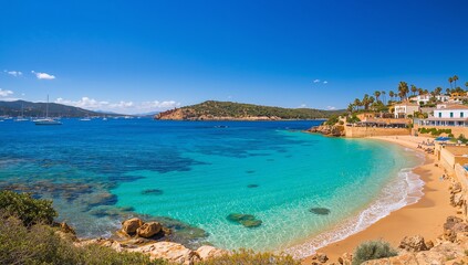 Picturesque Ibiza beach with turquoise waters, white sand, lush hills, palm trees, and Mediterranean architecture under a clear blue sky, capturing a serene classic island escape.