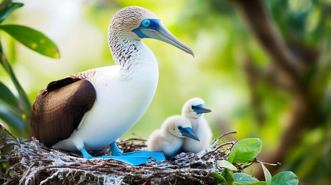 A blue footed booby stands protectively over its chicks in a nest, highlighting unique avian parenting