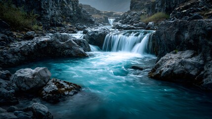 Breathtaking long exposure shot captures a vivid glacial blue waterfall cascading smoothly over jagged dark volcanic rocks in wilderness.