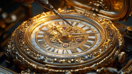 Obraz premium A skilled watchmaker meticulously repairs an antique, ornate gold pocket watch, showcasing its intricate details