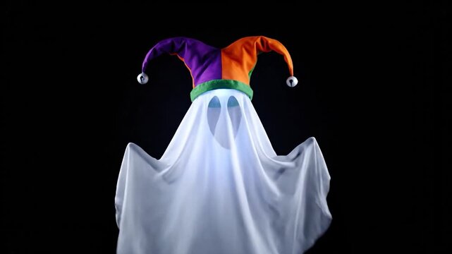 A spectral figure emerges from darkness, adorned with a jester hat and ethereal glow