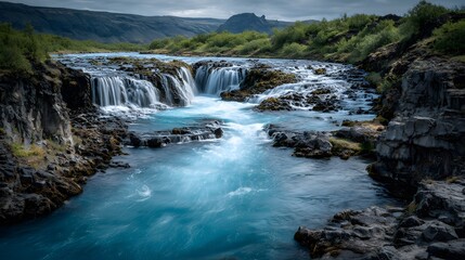 Breathtaking long exposure shot captures a vivid glacial blue waterfall cascading smoothly over jagged dark volcanic rocks in wilderness.