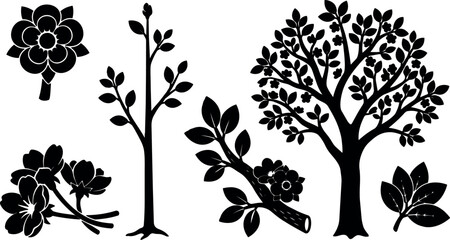 Obraz premium Flat silhouette botanical vector set assorted tree branch blossom leaf icons in black simple decorative composition close up isolated minimal