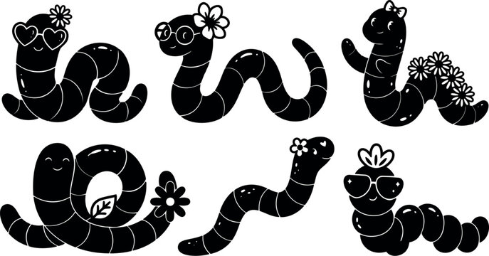Flat design happy worm characters wearing sunglasses glasses and flowers in playful poses with smiling faces and hearts vector silhouette
