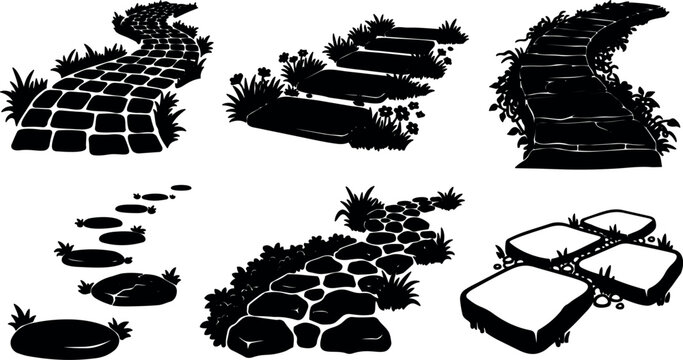 Silhouette vector garden paths set showing six stepping stone layouts curved cobblestone flagstone walkways with grass accents close up side