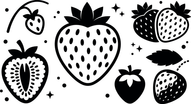 Flat design strawberry icon set bold black silhouettes multiple fruit shapes close up top view playful composition hand drawn feel