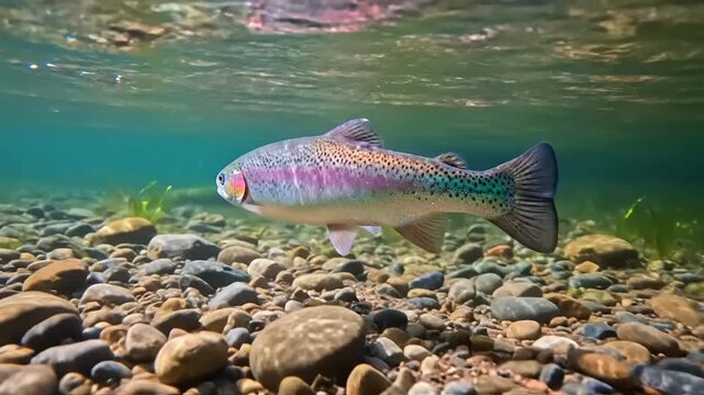 Salmon Swimming in Clear River Water.