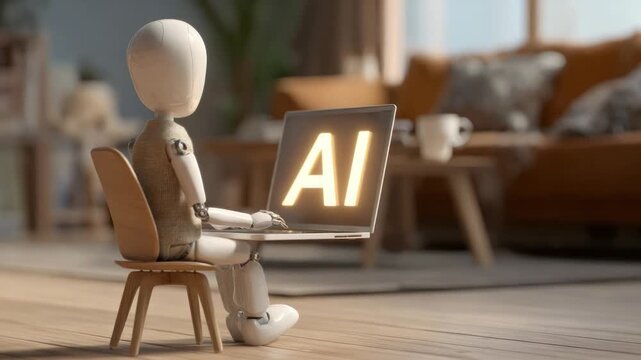 AI at Home: A sleek and modern humanoid figure is deeply engrossed in their work, using a laptop that displays the glowing letters AI. This image blends the themes of technology, domesticity.