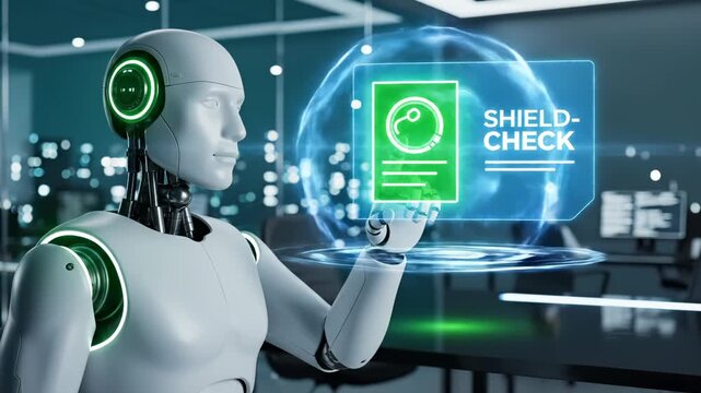 Robot displays security shield hologram showing verification interface. Android presents shield check with security scan. Robot shows hologram shield verification. Cybersecurity check display.