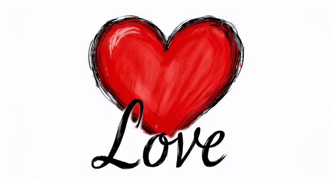 Whimsical red heart with black sketched edges and love calligraphy art