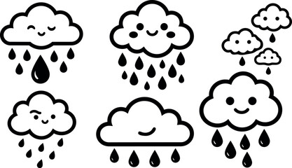 Fototapeta premium Flat line art kawaii cloud icons set smiling winking clouds raining various drop sizes horizontal layout black white minimal vector