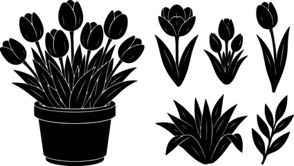 Naklejka premium Flat design vector potted tulip cluster and six floral silhouette icons close up isolated on white background minimal graphic set