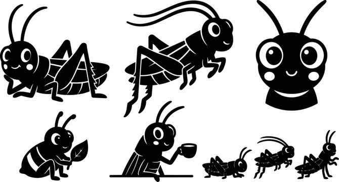 Cartoon vector grasshopper characters in playful poses close up smiling head profile holding leaf sipping cup flat design black silhouette