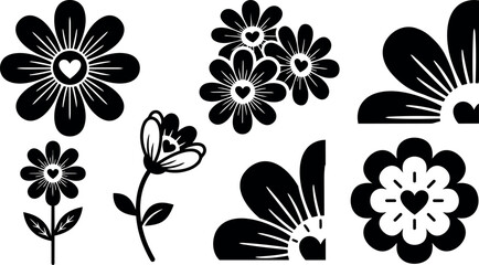 Fototapeta premium Flat design black floral icons with heart centers cluster of stylized daisies single stem bloom corner motifs vector art silhouette