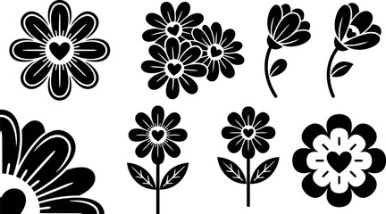 Obraz premium Flat design floral icon set with heart centers close up simple daisy silhouettes various angles single color vector artwork collection
