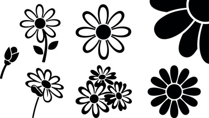 Obraz premium Flat design daisy icon set close up multiple black silhouettes on white background floral icons arranged landscape composition minimalist vector