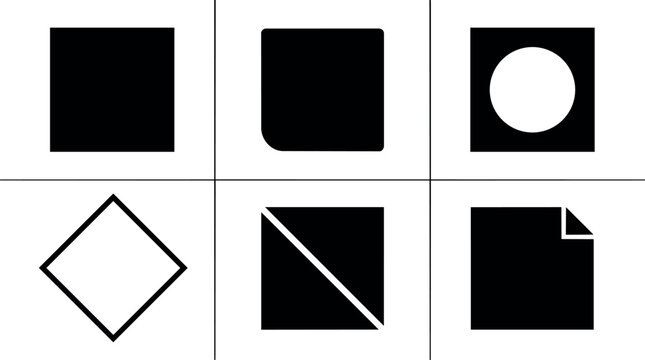 Flat design grid of six black square icon variations showing rounded corner cutout circle diamond diagonal fold paper corner minimal