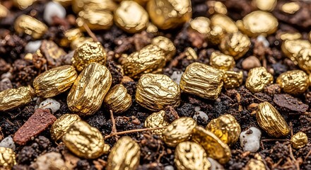 Obraz premium Golden nuggets on soil, wealth and treasure, precious metal exploration , modern corporate concept, texture background, copy space