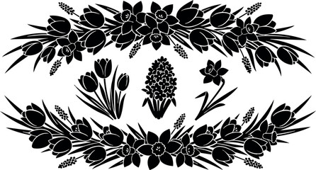 Fototapeta premium Flat silhouette floral border vector with tulips daffodils and hyacinth arranged in decorative horizontal wreaths close up black spring ornamental