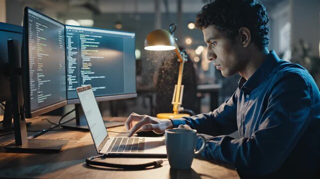 Developer types on laptop while coding at desk. Programmer works with code on monitor screens. Man developer coding on laptop at office. Coffee mug beside working developer. Coding late at desk.