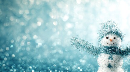 Obraz premium Small snowman stands with arms open on a frosty blue background during winter