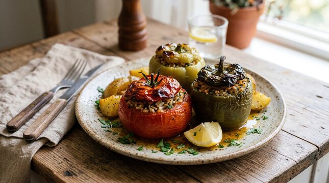 Greek gemista, stuffed tomatoes and peppers with rice served with roasted potatoes on a rustic wooden table, closeup