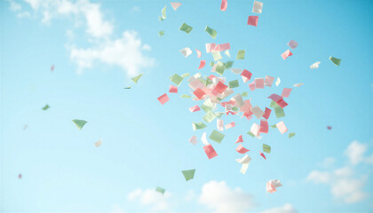 Colorful confetti falling from the sky against a blue background  