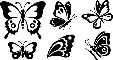 Fototapeta premium Tattoo flash butterfly vector set six black silhouette designs varied angles close up wing details isolated on white background artwork