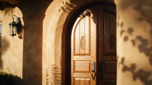 A warm, inviting exterior, featuring a grand wooden door with intricate carvings. Sunlit stucco walls cast shadows. A vintage lantern hangs beside the door