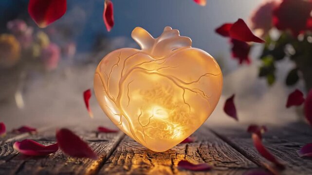Delicate luminous heart shaped sculpture glowing softly on rustic wooden surface