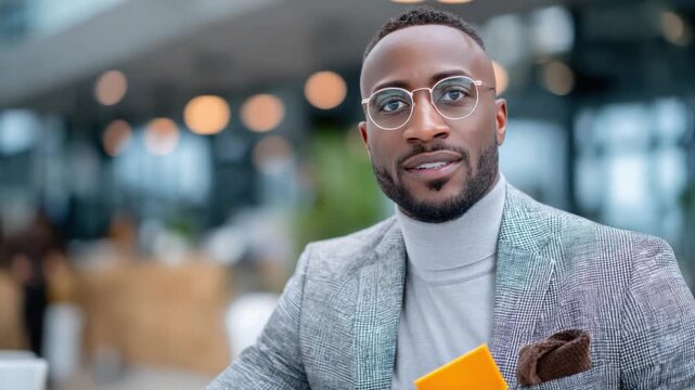 Confident Professional: A distinguished man in a well-tailored suit and glasses exudes an air of confidence and sophistication, gazing directly at the viewer.