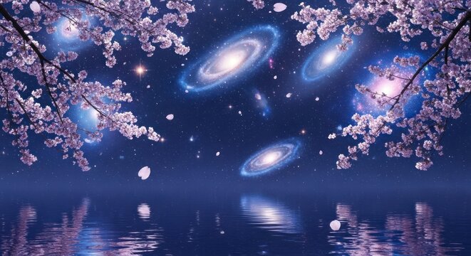 Cosmic night sky galaxies and blossoms reflecting on water surface