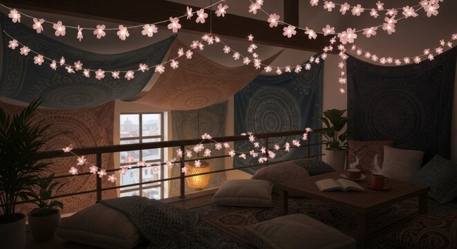 Cozy interior with string lights and decorative elements at night