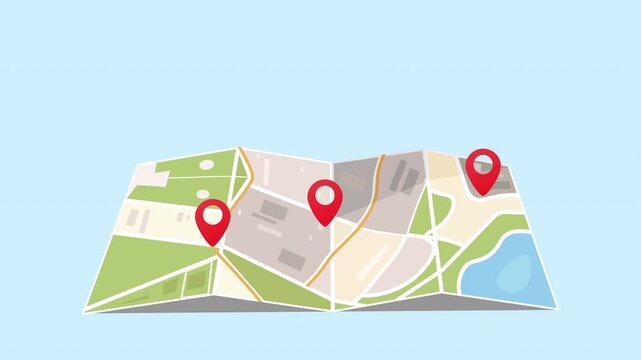 Animation of city street map and pins. GPS navigator, location, taxi service, navigation route. City street map. folded paper. 3d Animated 4k footage 